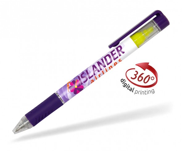 Goldstar Bergman PDE mit Textmarker 360 Grad Rundumdruck Kugelschreiber Pantone 269 Violett