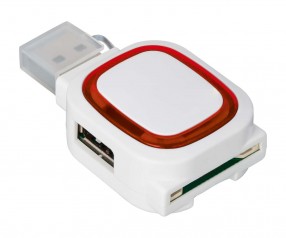 USB-Hub mit 2 Anschlüssen und Speicherkartenlesegerät REFLECTS-COLLECTION 500 mit Logo weiß/rot