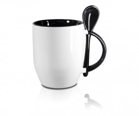 Werbeartikel Tasse mit Löffel in schwarz incl. High-Quality Druck