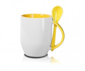 Werbeartikel Tasse mit Löffel in gelb incl. High-Quality Druck